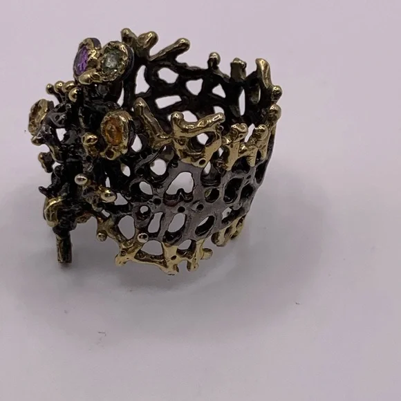 Sterling silver gold plated artisan ring with colourful gems - Picture 3 of 6